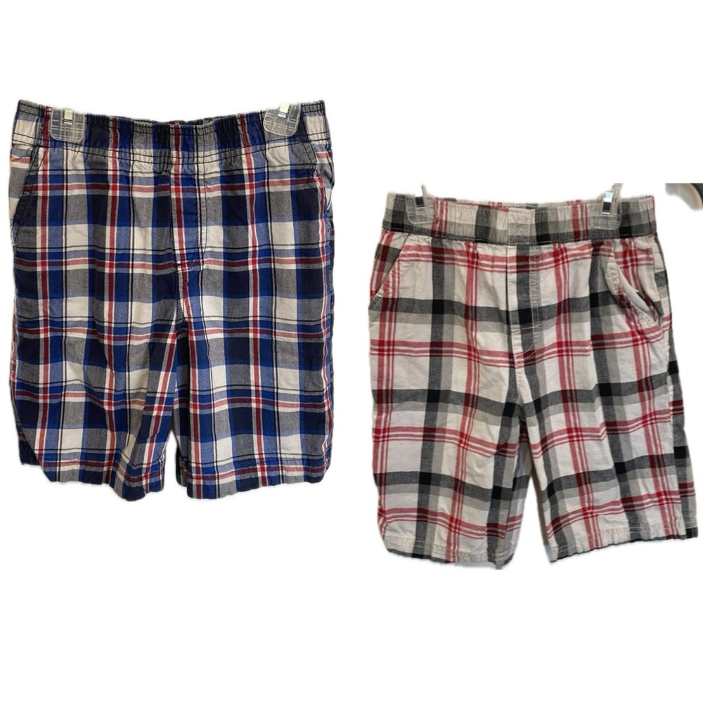 Lot of 2 Boys Elastic Waist Pull On Plaid Shorts Red Blue Faded Glory Okie Dokie